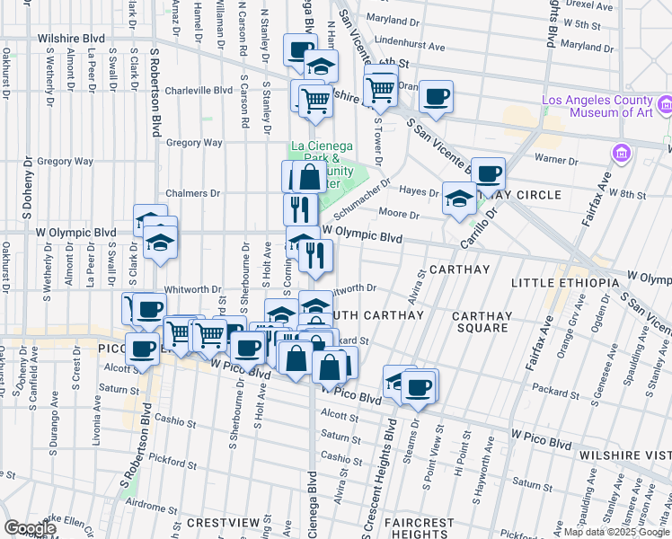 map of restaurants, bars, coffee shops, grocery stores, and more near 1053 South Alfred Street in Los Angeles