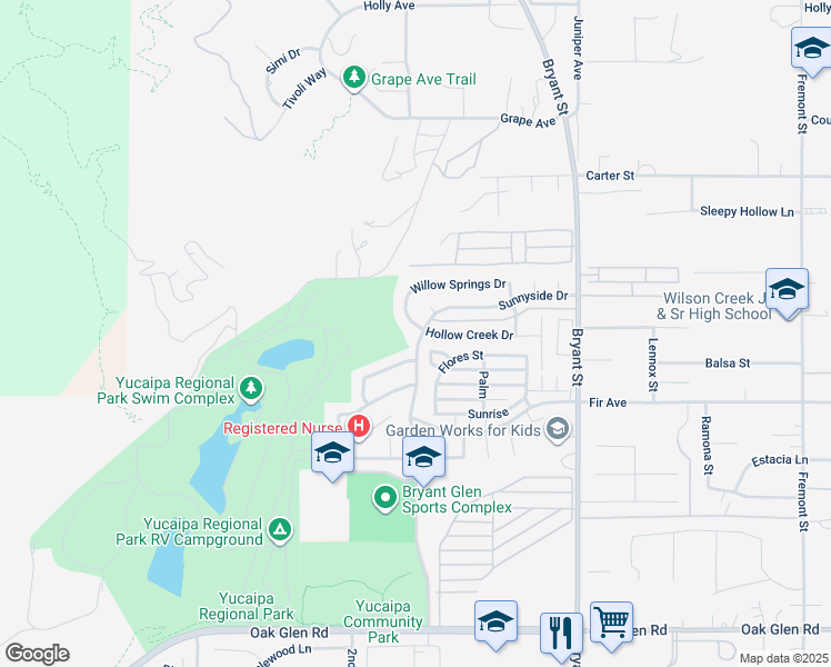 map of restaurants, bars, coffee shops, grocery stores, and more near 10776 Sunnyside Drive in Yucaipa