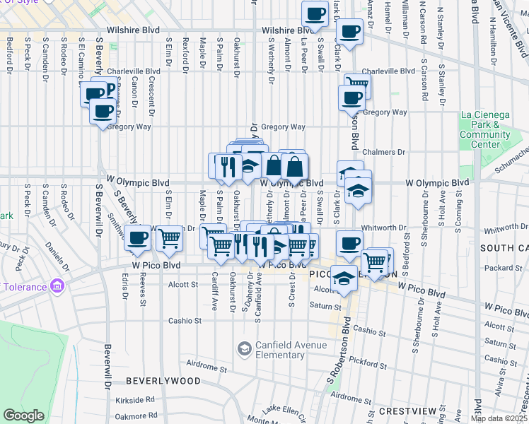 map of restaurants, bars, coffee shops, grocery stores, and more near 445 South Wetherly Drive in Beverly Hills