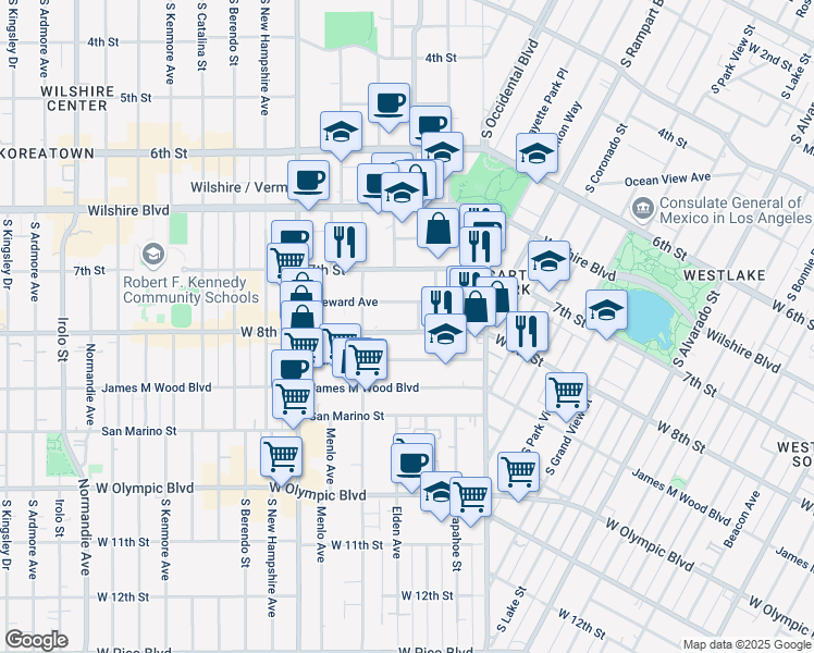 map of restaurants, bars, coffee shops, grocery stores, and more near 2802 West 8th Street in Los Angeles