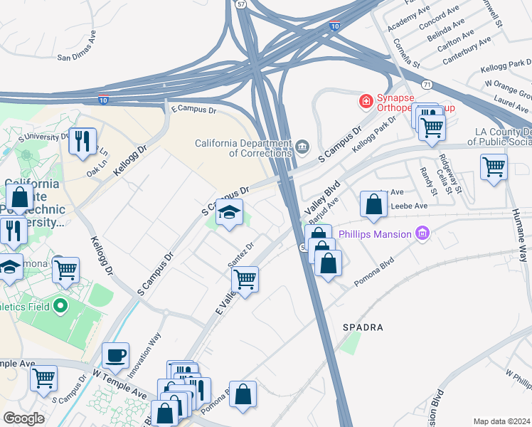 map of restaurants, bars, coffee shops, grocery stores, and more near 608 Hennipen Street in Pomona
