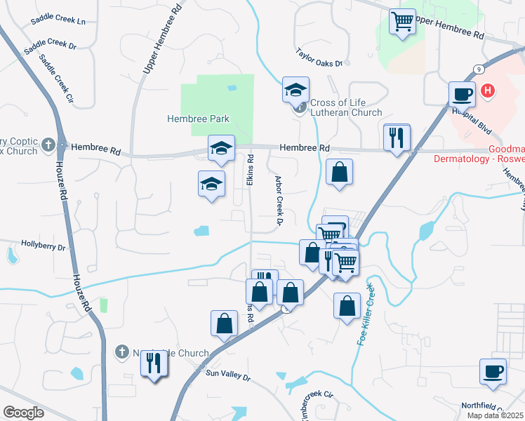 map of restaurants, bars, coffee shops, grocery stores, and more near 530 Arbor Creek Court in Roswell