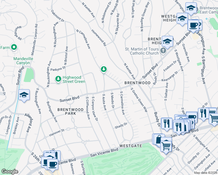 map of restaurants, bars, coffee shops, grocery stores, and more near 12509 West Sunset Boulevard in Los Angeles