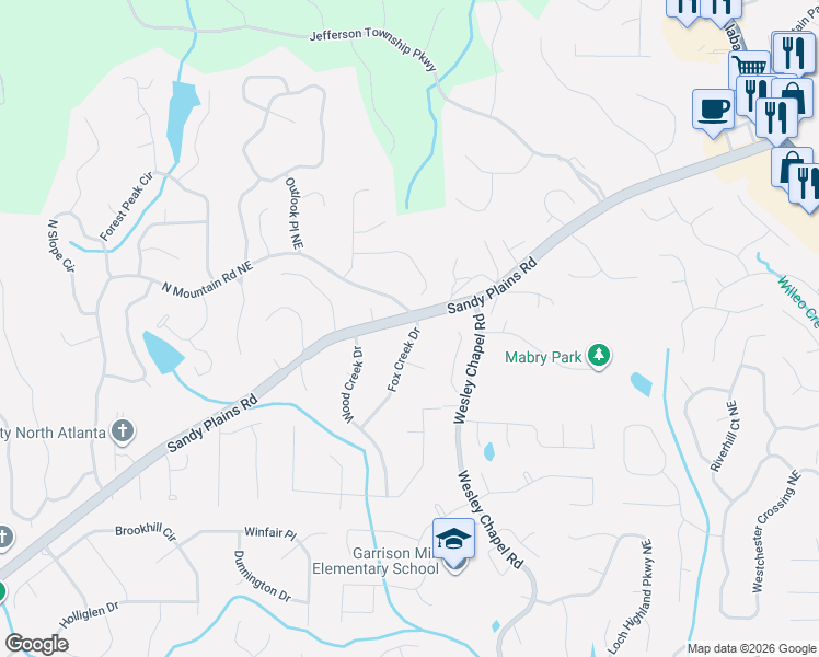 map of restaurants, bars, coffee shops, grocery stores, and more near 4515 Fox Creek Drive in Marietta