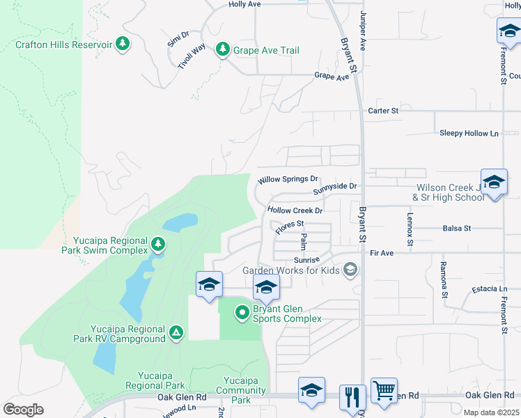 map of restaurants, bars, coffee shops, grocery stores, and more near 10776 Sunnyside Drive in Yucaipa