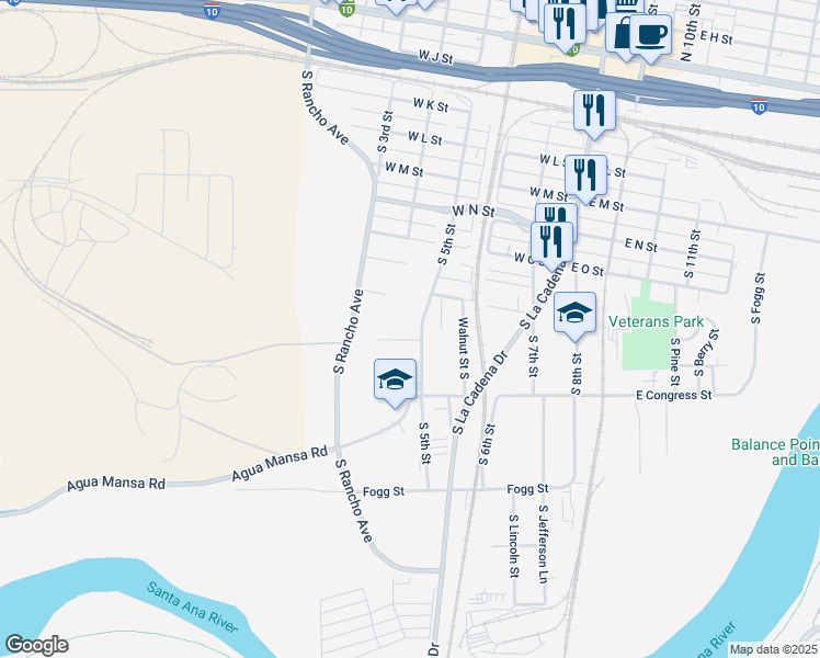 map of restaurants, bars, coffee shops, grocery stores, and more near 689 South 5th Street in Colton