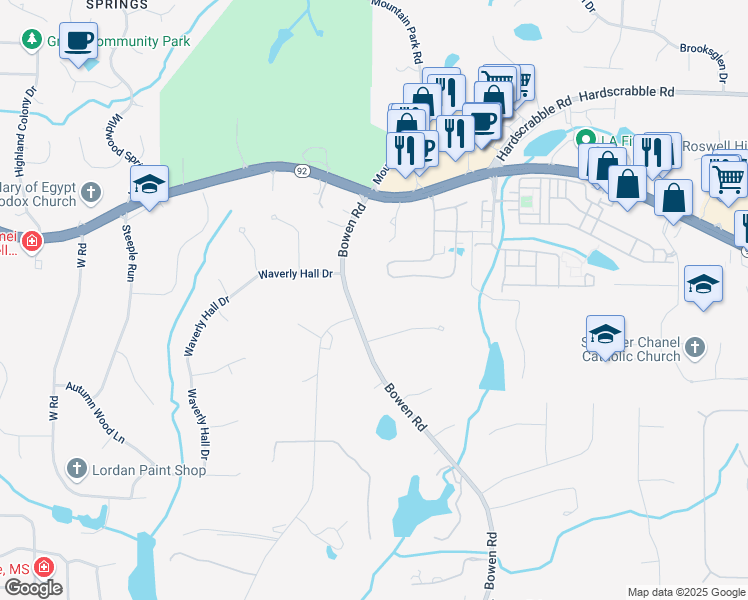 map of restaurants, bars, coffee shops, grocery stores, and more near 11355 Bowen Road in Roswell