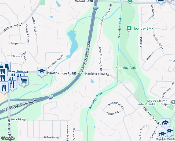 map of restaurants, bars, coffee shops, grocery stores, and more near 4301 Nesbin Drive Northeast in Kennesaw