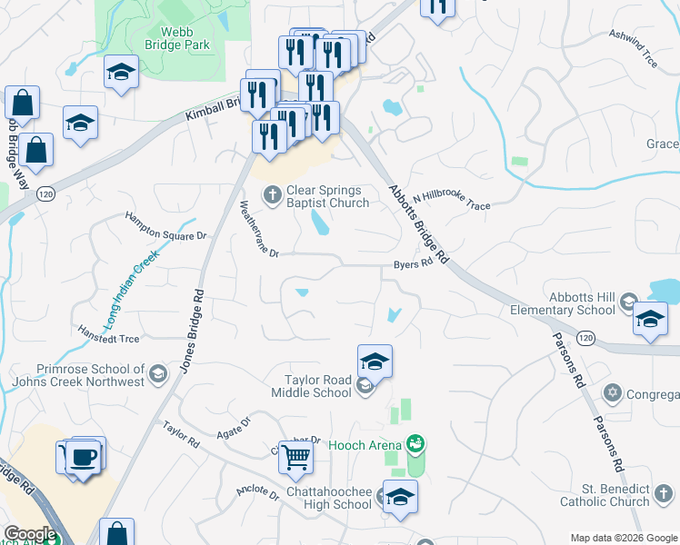 map of restaurants, bars, coffee shops, grocery stores, and more near 5101 Byers Road in Alpharetta