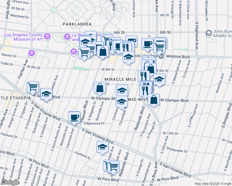 map of restaurants, bars, coffee shops, grocery stores, and more near 5525 West Olympic Boulevard in Los Angeles