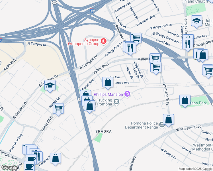 map of restaurants, bars, coffee shops, grocery stores, and more near 2671 Pomona Boulevard in Pomona