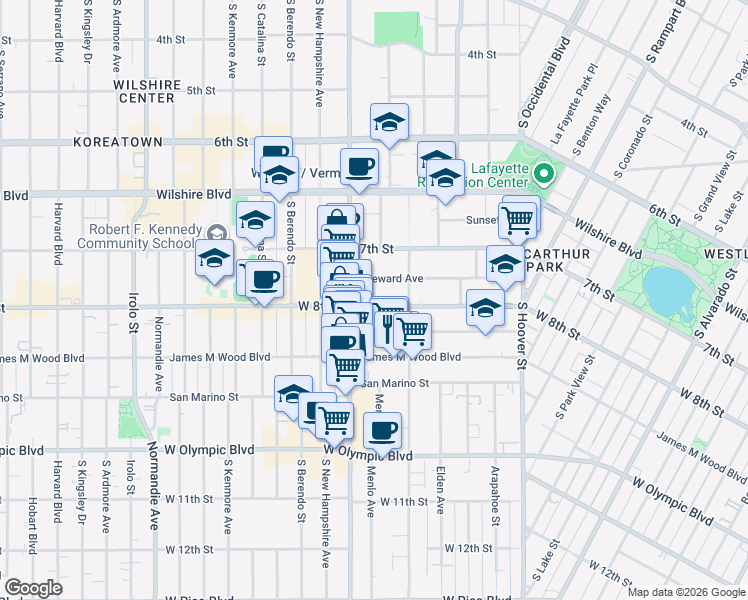 map of restaurants, bars, coffee shops, grocery stores, and more near 2955 West 8th Street in Los Angeles