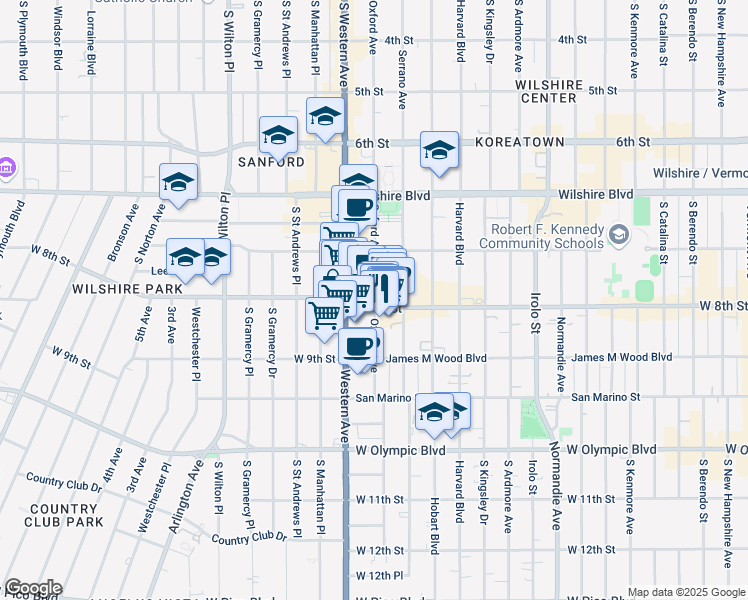 map of restaurants, bars, coffee shops, grocery stores, and more near 3550 West 8th Street in Los Angeles