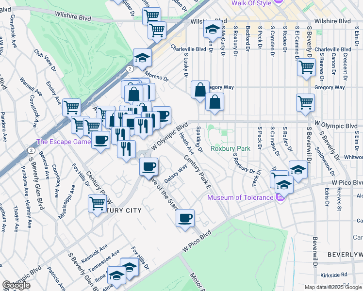map of restaurants, bars, coffee shops, grocery stores, and more near 2170 Century Park East in Los Angeles