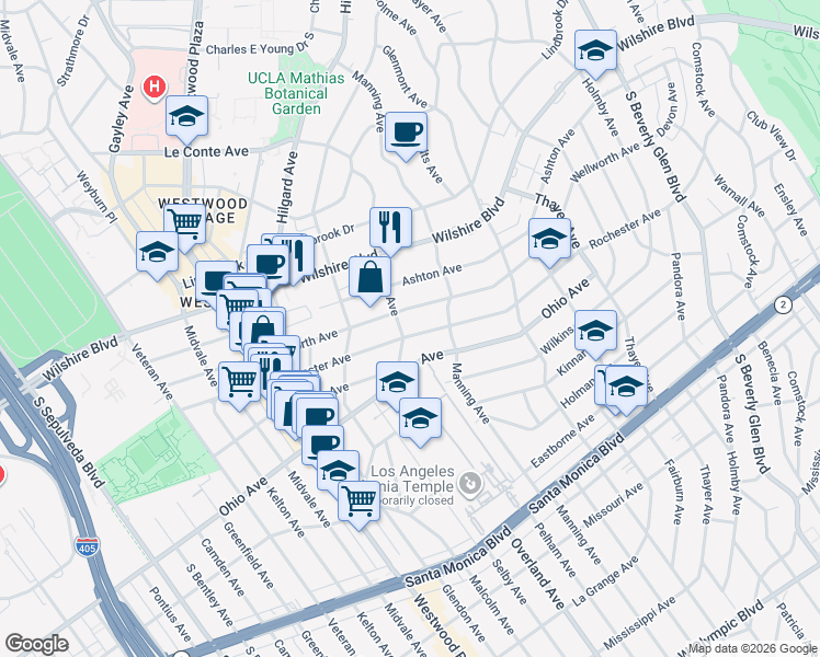 map of restaurants, bars, coffee shops, grocery stores, and more near 10735 Rochester Avenue in Los Angeles