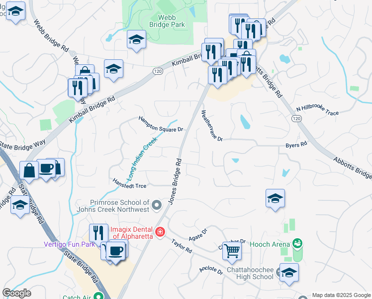 map of restaurants, bars, coffee shops, grocery stores, and more near 245 Scotch Pine Court in Alpharetta