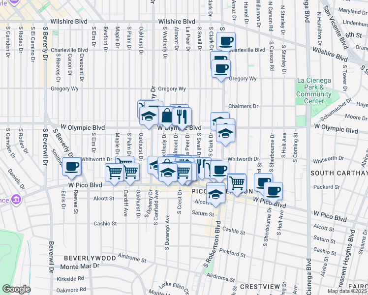 map of restaurants, bars, coffee shops, grocery stores, and more near 466 South Almont Drive in Beverly Hills