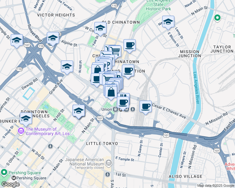 map of restaurants, bars, coffee shops, grocery stores, and more near 23 Olvera Street in Los Angeles