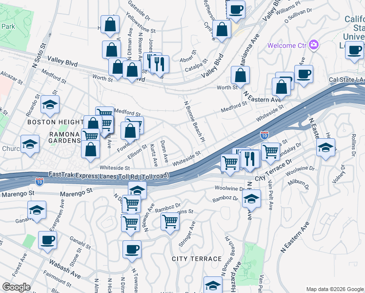 map of restaurants, bars, coffee shops, grocery stores, and more near 1504 Attridge Avenue in Los Angeles