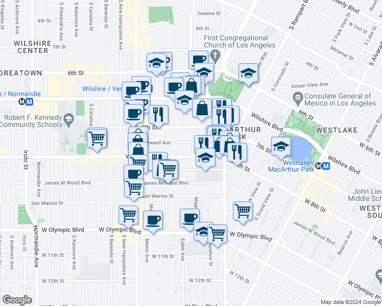 map of restaurants, bars, coffee shops, grocery stores, and more near 2809 West 8th Street in Los Angeles