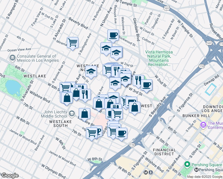 map of restaurants, bars, coffee shops, grocery stores, and more near 417 Witmer Street in Los Angeles