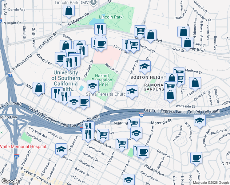 map of restaurants, bars, coffee shops, grocery stores, and more near 2428 Zonal Avenue in Los Angeles