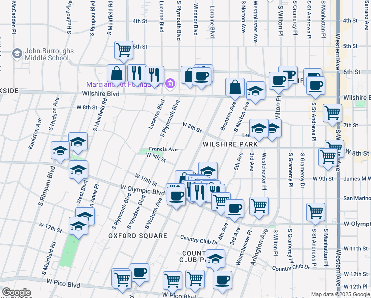 map of restaurants, bars, coffee shops, grocery stores, and more near 2927 Francis Avenue in Los Angeles