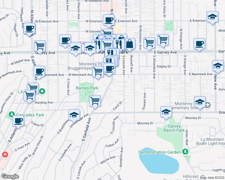 map of restaurants, bars, coffee shops, grocery stores, and more near 360 South Garfield Avenue in Monterey Park