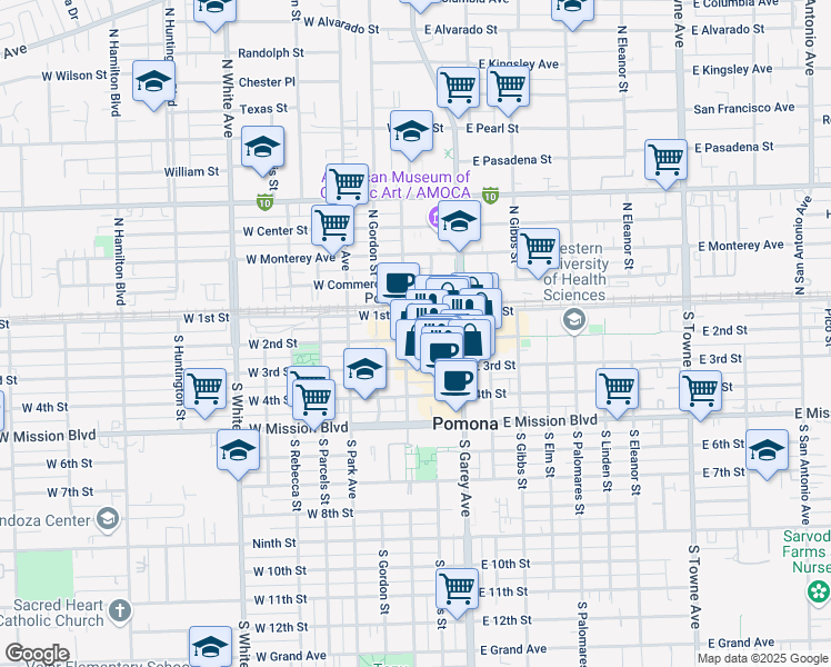 map of restaurants, bars, coffee shops, grocery stores, and more near 200 West 2nd Street in Pomona