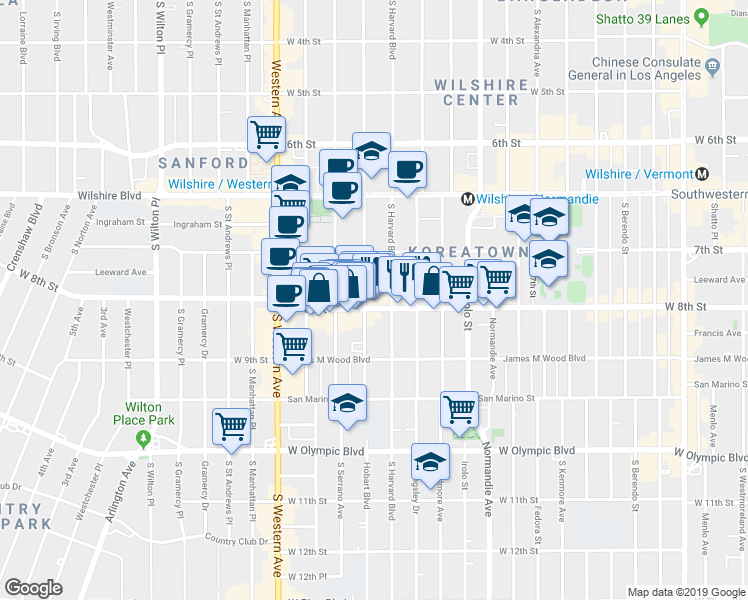 map of restaurants, bars, coffee shops, grocery stores, and more near 3455 West 8th Street in Los Angeles