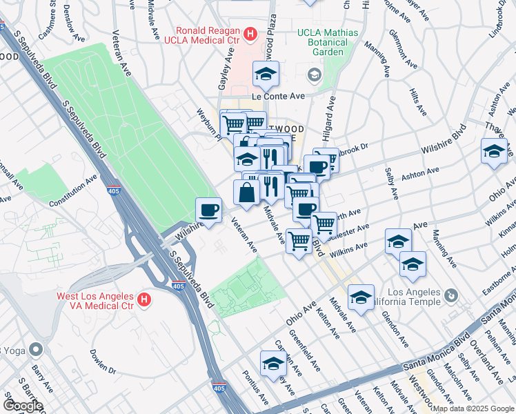 map of restaurants, bars, coffee shops, grocery stores, and more near 10960 Wilshire Boulevard in Los Angeles