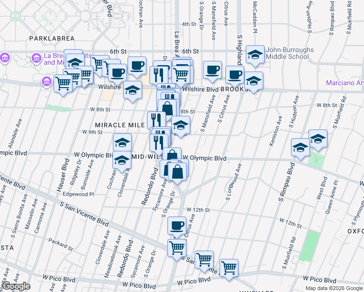 map of restaurants, bars, coffee shops, grocery stores, and more near 5241 West Olympic Boulevard in Los Angeles