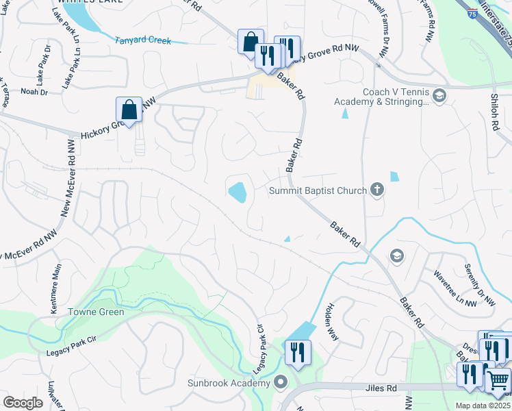 map of restaurants, bars, coffee shops, grocery stores, and more near 4340 Clairesbrook Lane in Acworth