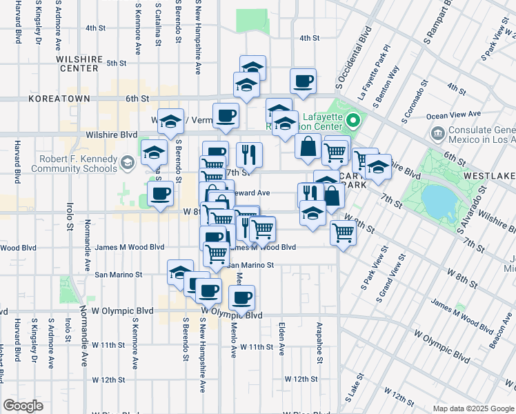 map of restaurants, bars, coffee shops, grocery stores, and more near 2870 West 8th Street in Los Angeles