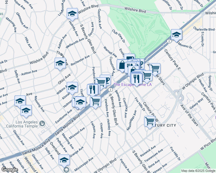 map of restaurants, bars, coffee shops, grocery stores, and more near 10391 Santa Monica Boulevard in Los Angeles