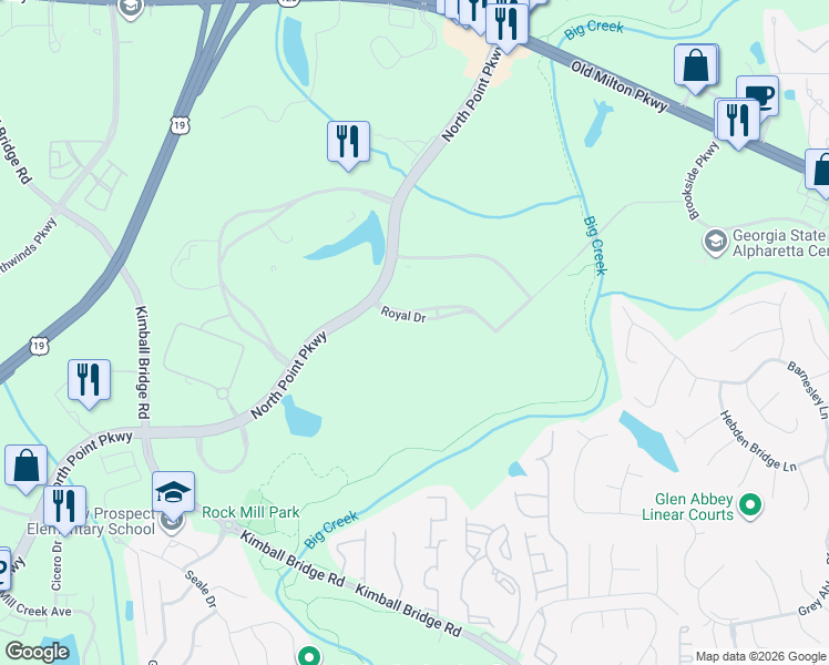 map of restaurants, bars, coffee shops, grocery stores, and more near 3155 Royal Drive in Alpharetta