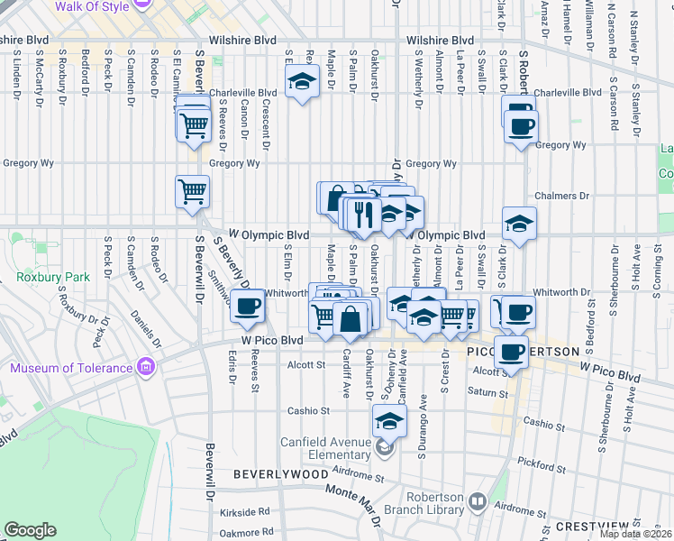 map of restaurants, bars, coffee shops, grocery stores, and more near 442 South Maple Drive in Beverly Hills