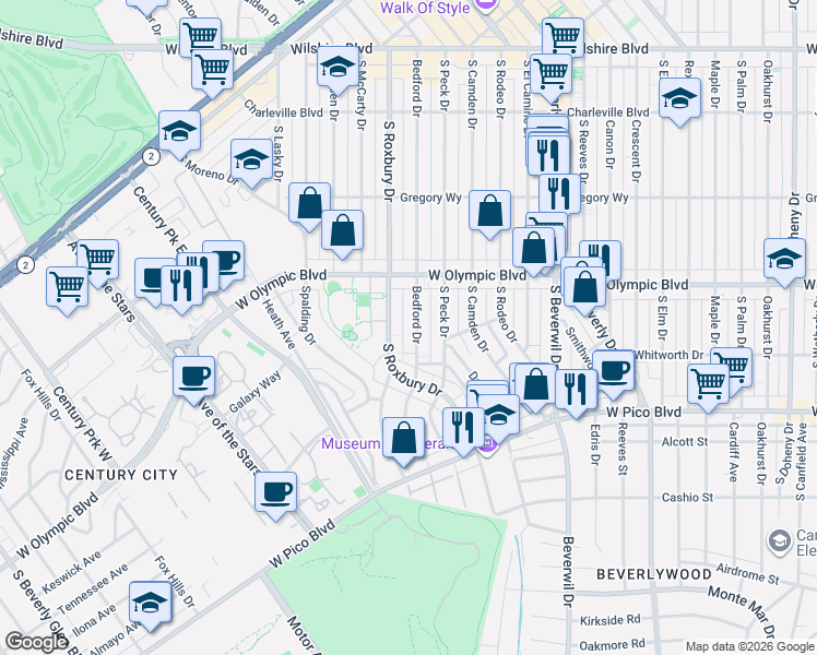 map of restaurants, bars, coffee shops, grocery stores, and more near 455 South Bedford Drive in Beverly Hills