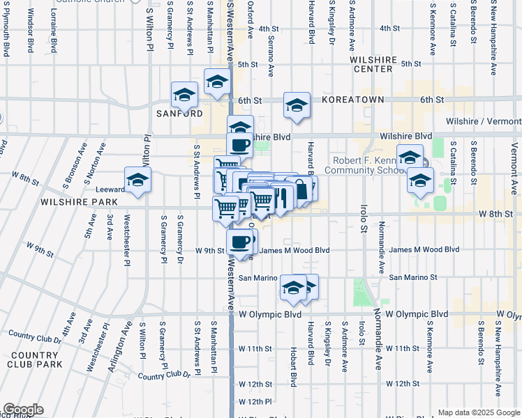 map of restaurants, bars, coffee shops, grocery stores, and more near 750 South Oxford Avenue in Los Angeles