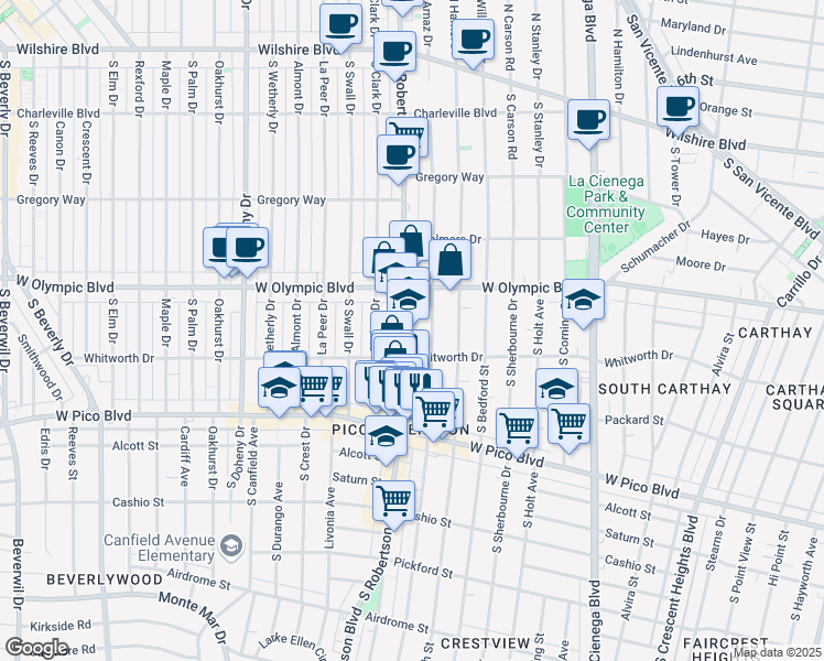 map of restaurants, bars, coffee shops, grocery stores, and more near 1059 South Wooster Street in Los Angeles