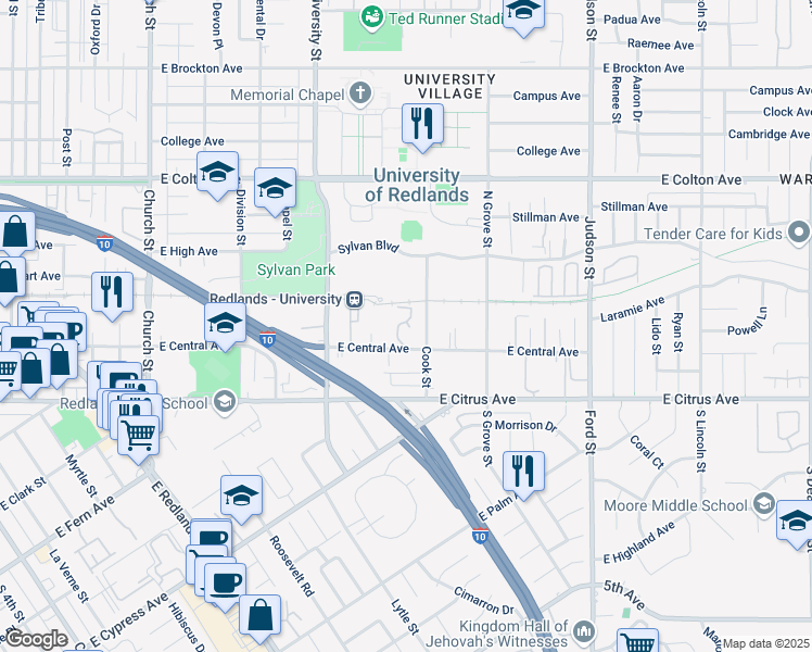 map of restaurants, bars, coffee shops, grocery stores, and more near 1129 East Central Avenue in Redlands