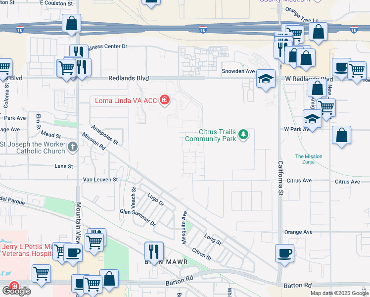 map of restaurants, bars, coffee shops, grocery stores, and more near 26114 San Luis Street in Loma Linda