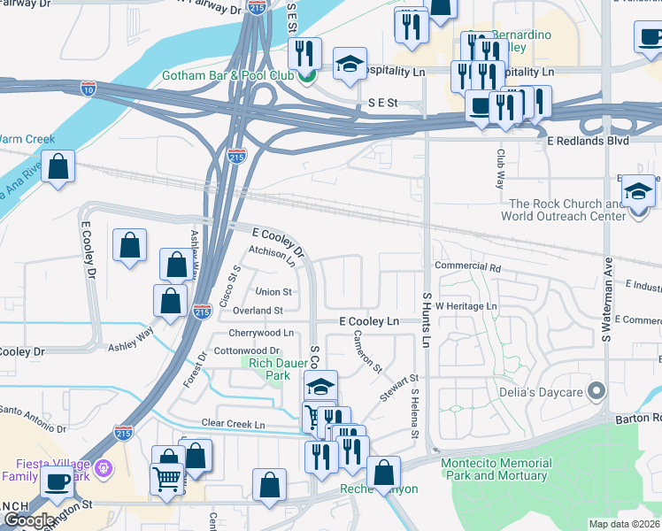 map of restaurants, bars, coffee shops, grocery stores, and more near 805 Saddlewood Street in Colton