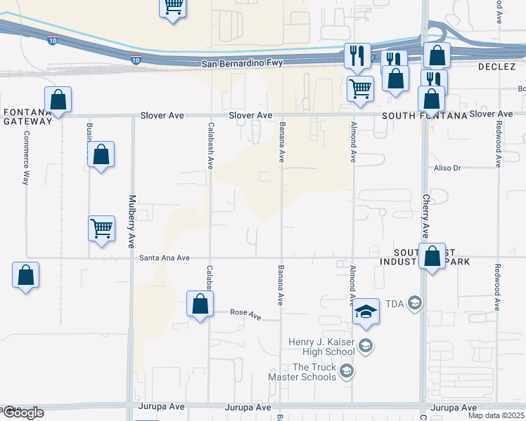map of restaurants, bars, coffee shops, grocery stores, and more near 14032 Santa Ana Avenue in Fontana
