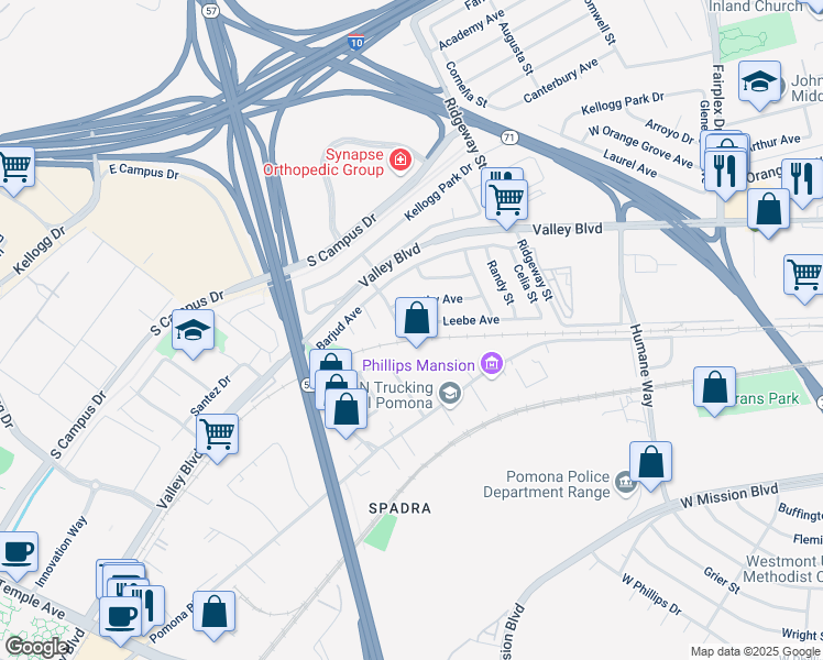 map of restaurants, bars, coffee shops, grocery stores, and more near 2671 Pomona Boulevard in Pomona