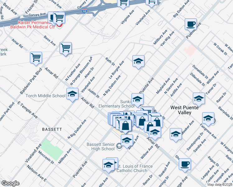 map of restaurants, bars, coffee shops, grocery stores, and more near 939 Van Wig Avenue in La Puente