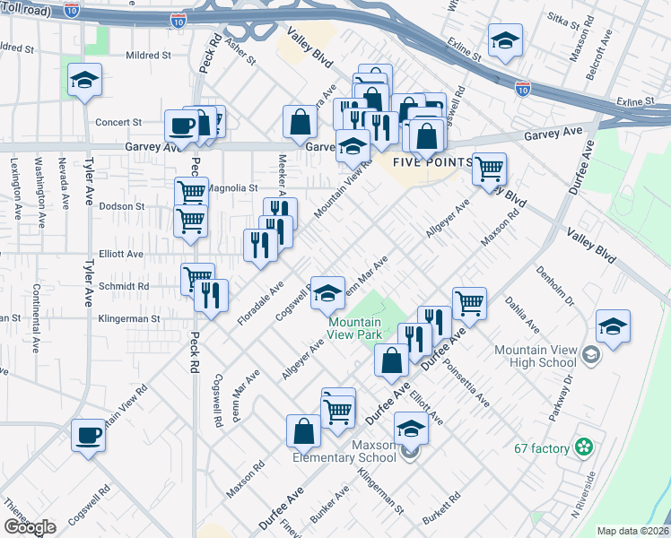 map of restaurants, bars, coffee shops, grocery stores, and more near 2616 Cogswell Road in El Monte