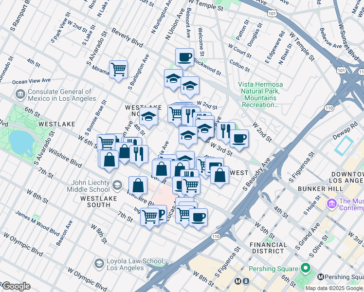 map of restaurants, bars, coffee shops, grocery stores, and more near 417 Witmer Street in Los Angeles