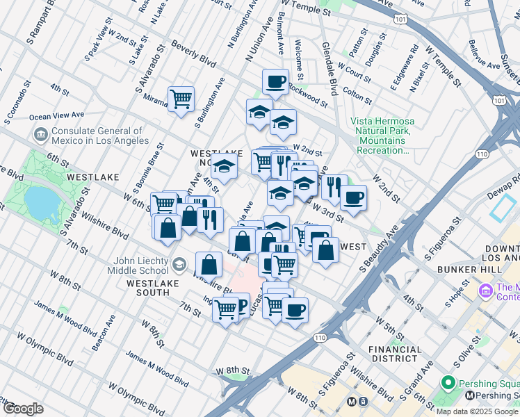 map of restaurants, bars, coffee shops, grocery stores, and more near 417 Witmer Street in Los Angeles