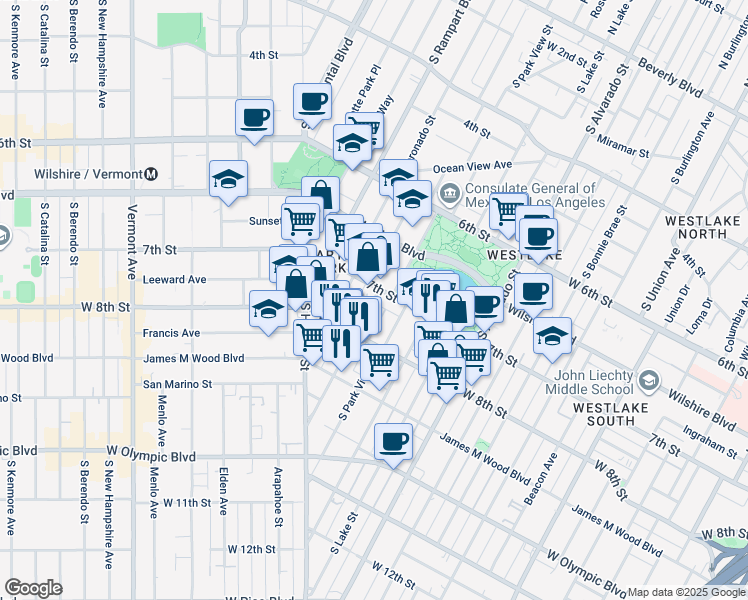 map of restaurants, bars, coffee shops, grocery stores, and more near 716 South Carondelet Street in Los Angeles